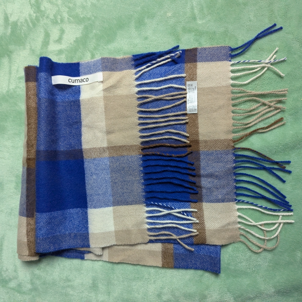 100% Cashmere Cumaco Blue Brown Checkered Scarf - Picture 4 of 5